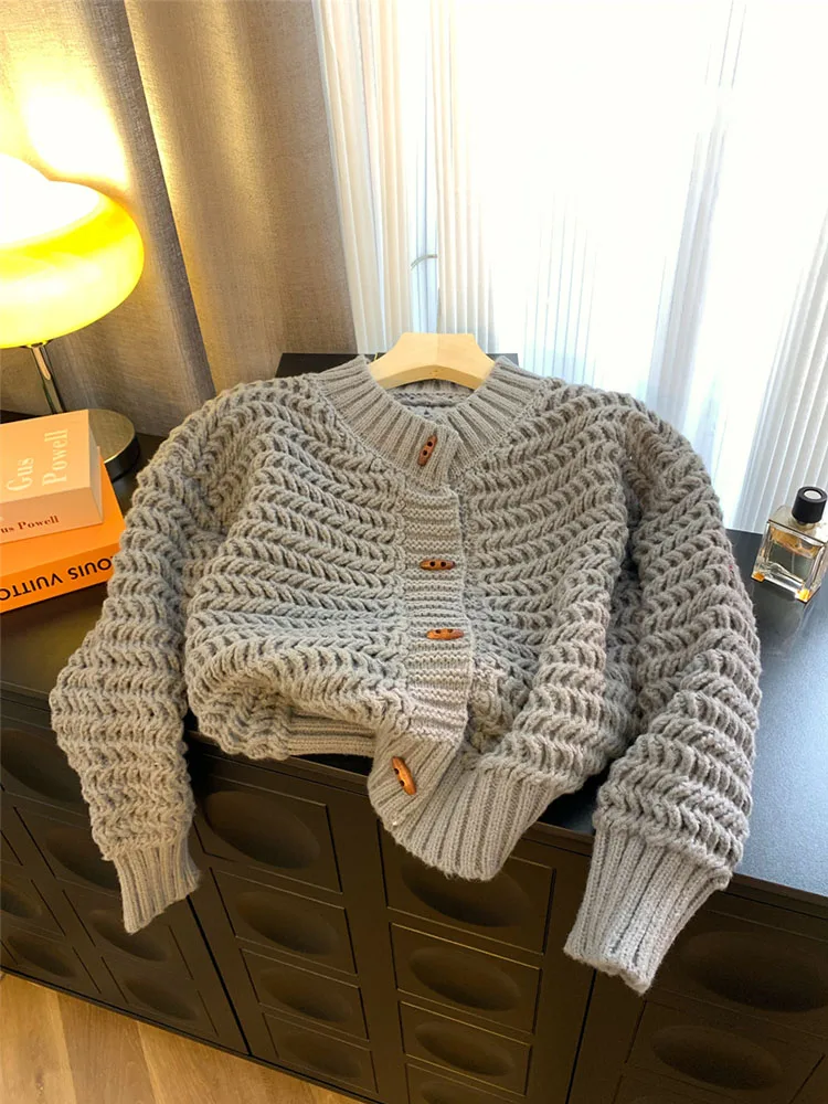 Women Basic Grey Cardigan O-Neck Sweater Kpop Autumn Winter Long Sleeve  Knitted Pullover Gyaru Casual Fashion 2000s Aesthetic