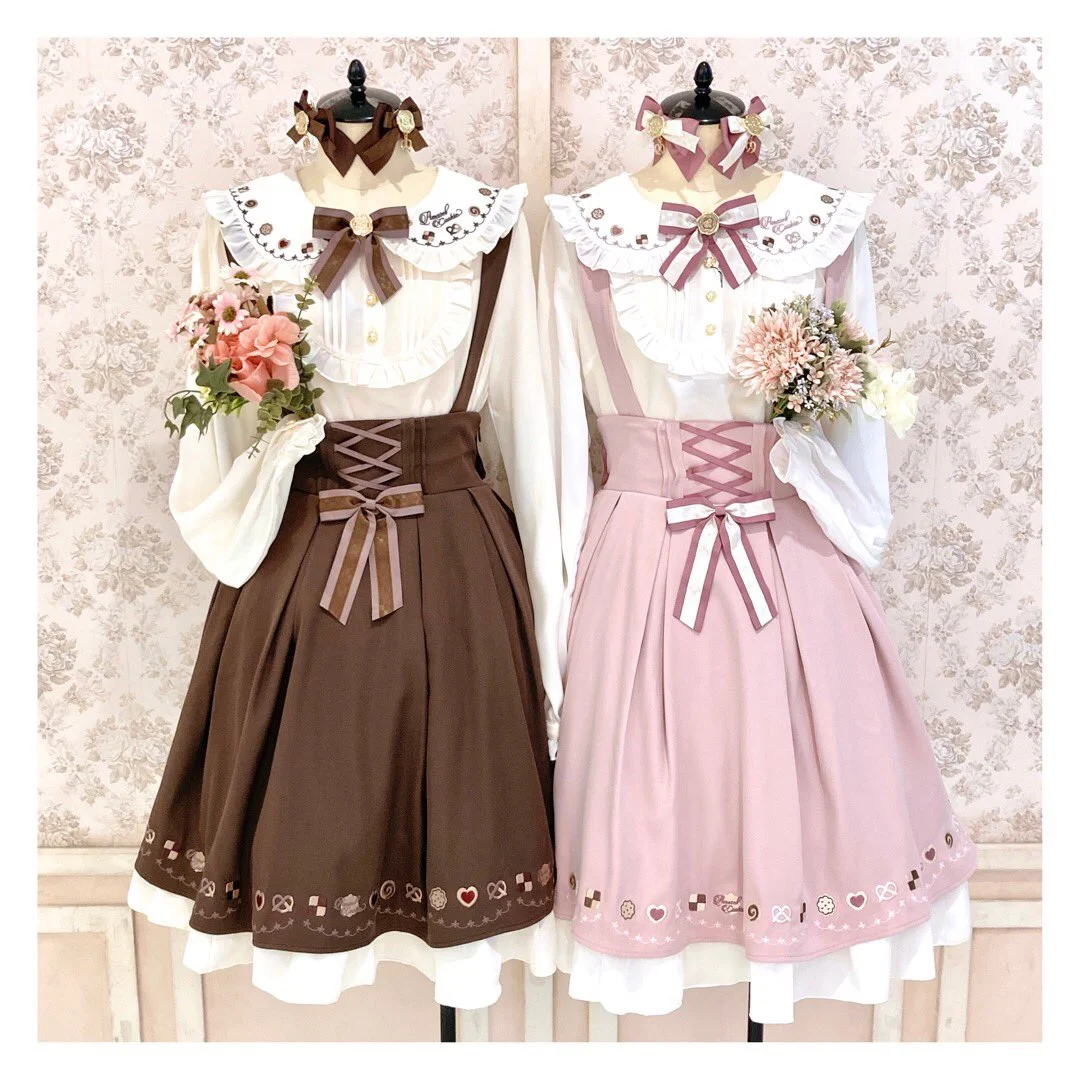 Girly Sweet Lolita Pink Strap Skirt Women's Autumn Fashion Casual Bow Embroidery Mid-length Y2k Skirt Office Ladies Kawaii Skirt