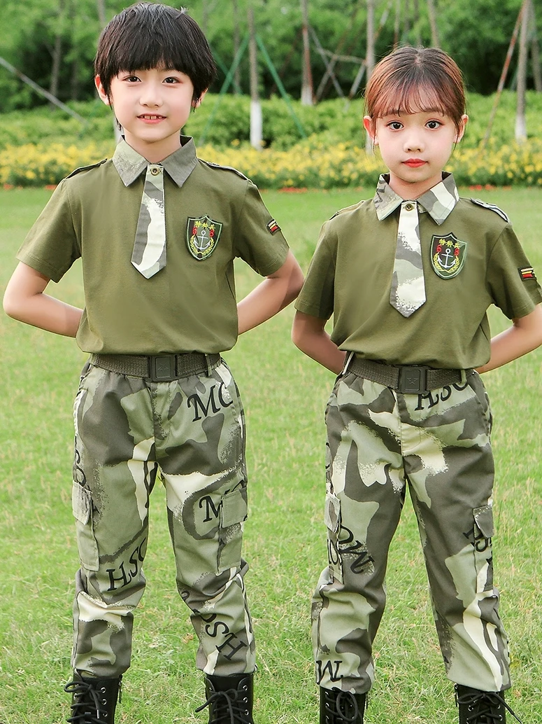 迷彩スポーツ半袖子供用制服セット-中学生・小学生向け-軍事訓練-サマーキャンプ-パフォーマンス用