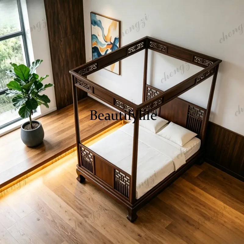 A74 Double solid wood bed, carved four-poster bed, black walnut wood frame bed view 2