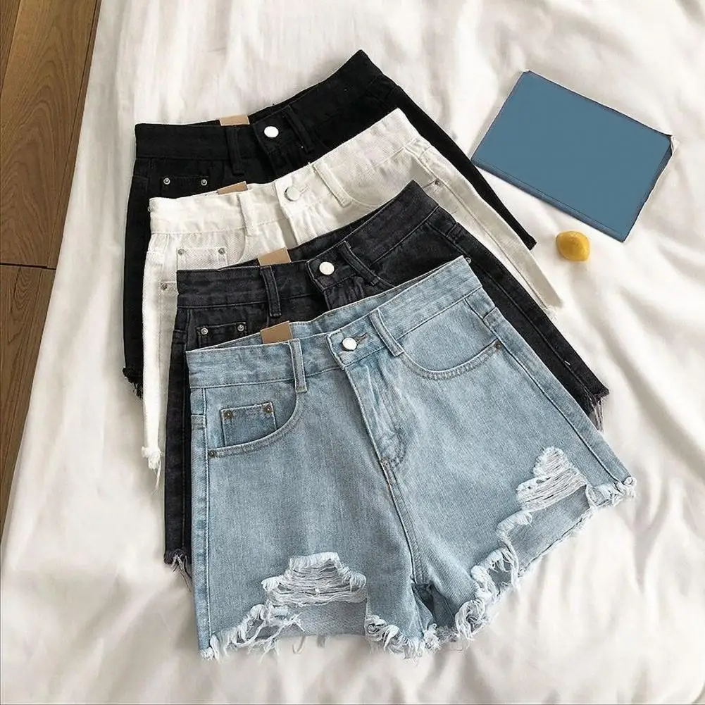 Ripped Jeans Stylish Retro Denim Shorts for Women High Waist A-line Ripped Details Slim Fit Above Knee Length Summer Fashion