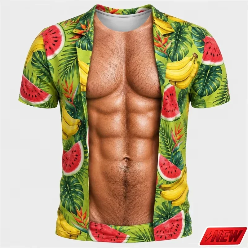 3D Muscle Fake Open Printed Men's T‑Shirt Watermelon Banana Tropical Fruit Print Short Sleeve Beach Party Tee Tops