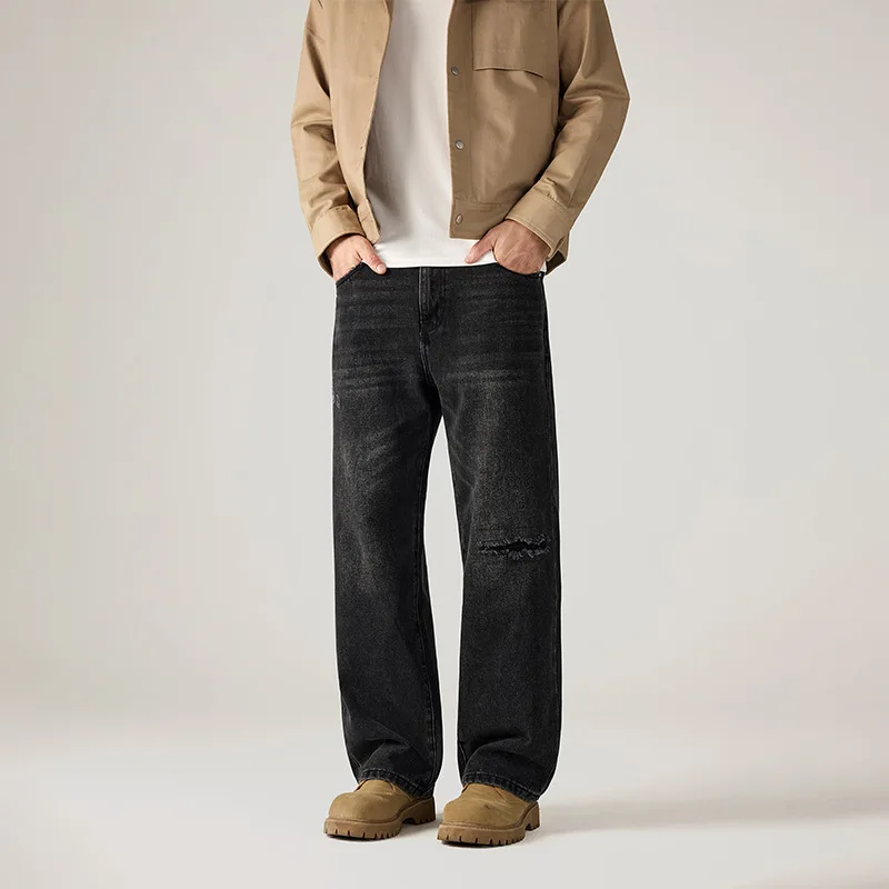 

Ретро-джинсы в американском стиле с пэчворком, свободные длинные брюки, мужские повседневные прямые брюки свободного кроя, осенняя новинка