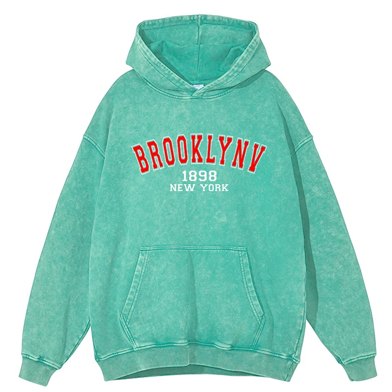 

Brooklyn 1898 Letter Printing Washed Hoodie Men Autumn Warm Cotton Hoody Distressed Round Neck Clothes Street Casual Male Top