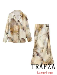 TRAFZA Vintage Casual Chic Satin Women Suit Flower Print Long Sleeve Shirt Long Skirt New Fashion 2024 Spring Summer Silky Sets