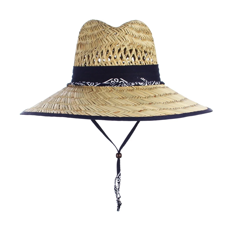 Handwork Women Men Lifeguard Hat Straw Cowboy Summer Beach Sun Hat Black Red Ribbon Outdoor Wide Brim Panama Hat Cowgirl Caps