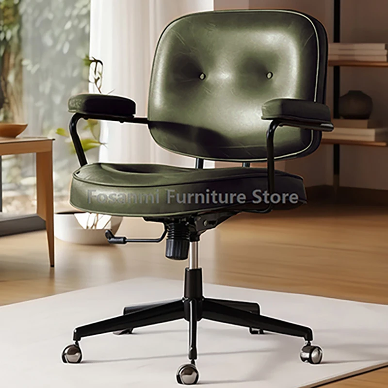 Mid-Back Leather Desk Chair with Padded Armrest Retro Rocking Computer Chair Home Office Soft Swivel Desk Chair with Steel Frame