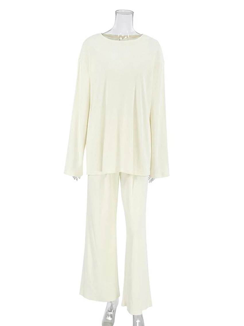 Marthaqiqi Knitted Women'S Nightwear Suit Long Sleeve Nightgowns O-Neck Pajamas Pants Casual Autumn Ladies Sleepwear 2 Piece Set