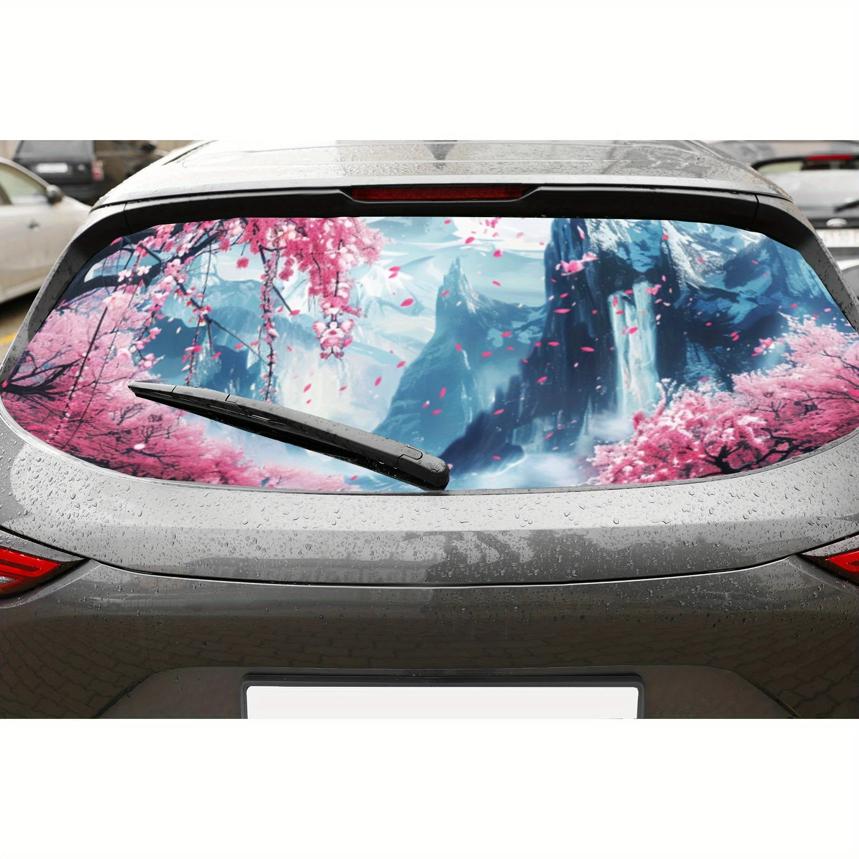 

Cherry Blossom and Landscape PVC Perforated Car Vinyl Wraps, Privacy Enhancing Design for Rear Window, Car Rear Windshield Stick