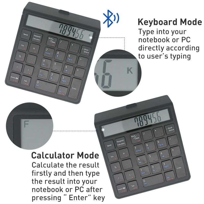 Numeric Keyboard Number Keypad Bluetooth 2 in 1 Wireless Electronic Calculator 12 Digits LCD Display For Thinkpad Windows laptop