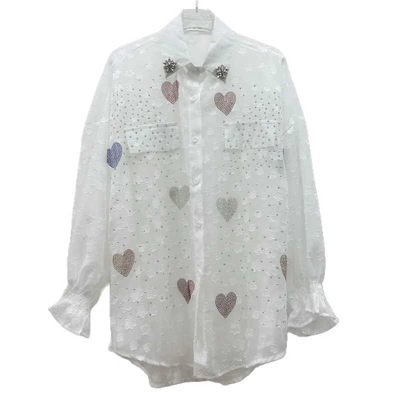 WTHT Mode Vrouwen Zware Industrie Harten Diamanten Chiffon Shirt 2025, Zomer Trendy Revers Lange Mouwen Zonnebrandcrème Kleding 1LS1813