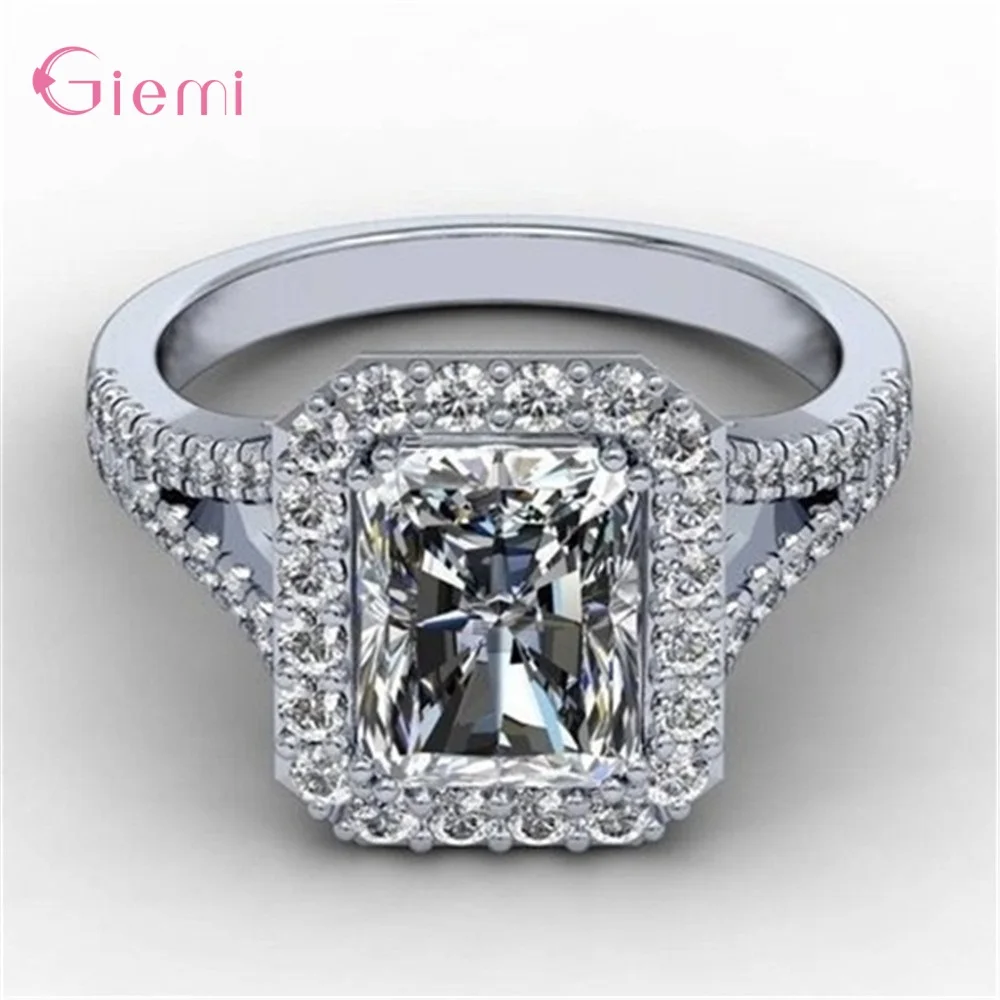 Genuine 925 Sterling Silver Rings Luxury Shiny Square Inlay Zircon Finger Ring for Women Girls Wedding Party Trendy Jewelry Gift