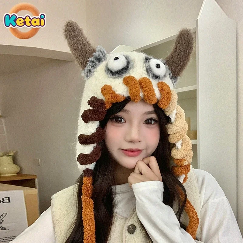 Women Winter Plush Lei Feng Hat Outdoor Warmth Ear Protection Trapper Hat Cartoon Abstract Design Cold Weather Warm Hat