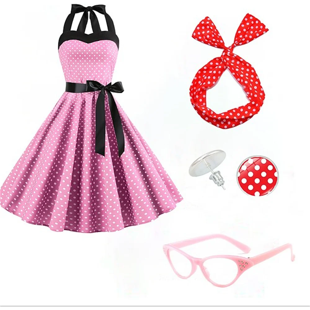 

Polka Dots Retro Vintage 1950s Swing Dress Accesories Set Halter Flare Dress Earrings Audrey Hepburn