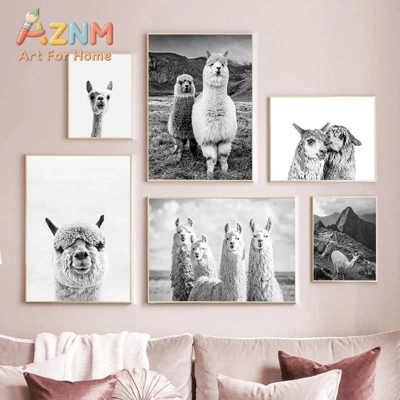 Alpaca Poster Canvas Art Painting Animal Prints Wall Art Nursery Decorative Picture Llama Black and White Wall Kids Room Deco