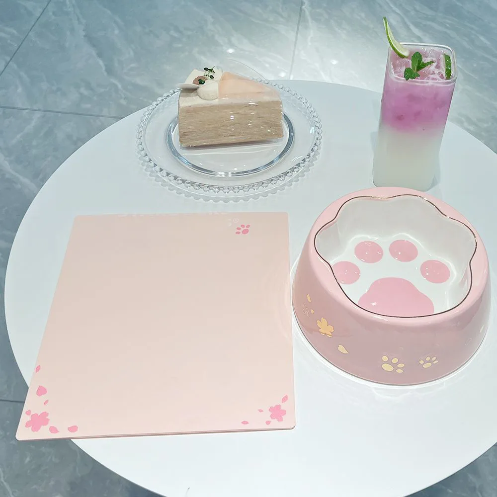 Cute Style Cat Bowl Same Style Pet Bowl Cherry Blossom Pink Cat Claw Bowl Water dispenser Cat and Dog Food Pot Ceramic with Mat