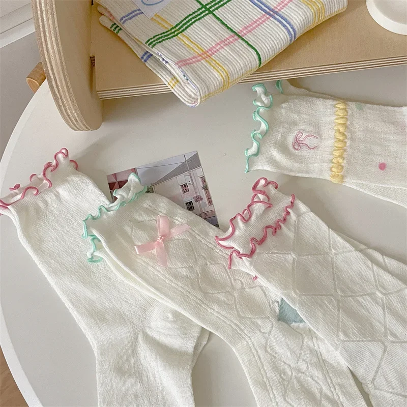 Summer Thin Hollow Out Mesh Breathable Middle Tube Socks Ruffle Socks Women Ballet Style Bow Sweet Girl Cute Elastic Long Socks