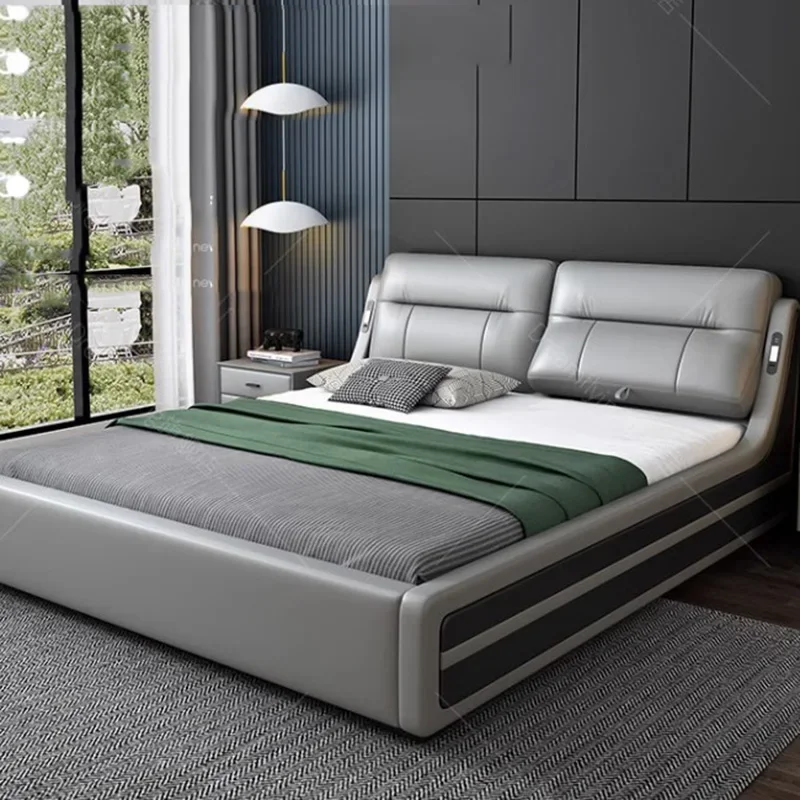 Modern Aesthetic Double Bed Bedroom King Size Salon Twin Double Bed Luxury Genuine Leather Cama Matrimonial Home Furniture