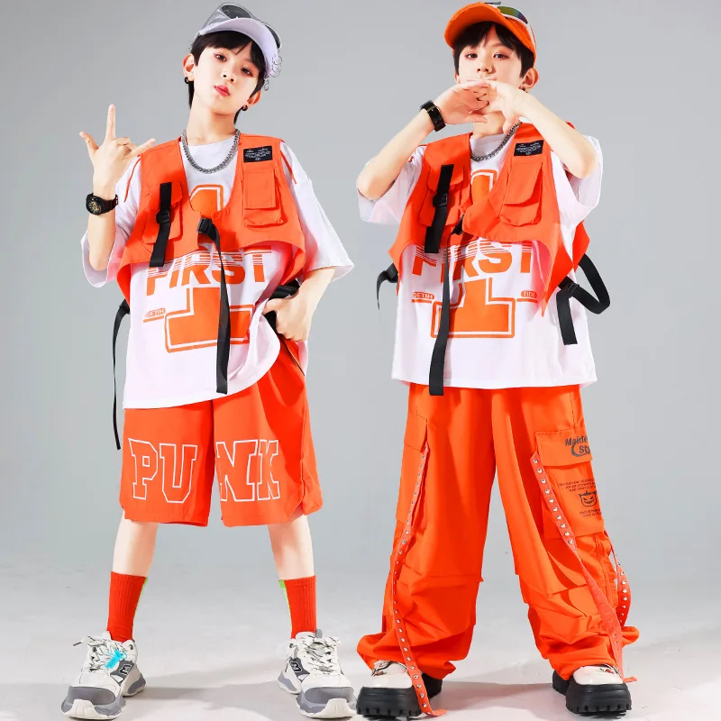 Kid Hip Hop Clothing White Graphic T Shirt Orange Vest Casual Strap Cargo Pants Shorts for Girl Boy Jazz Dance Costume Clothes