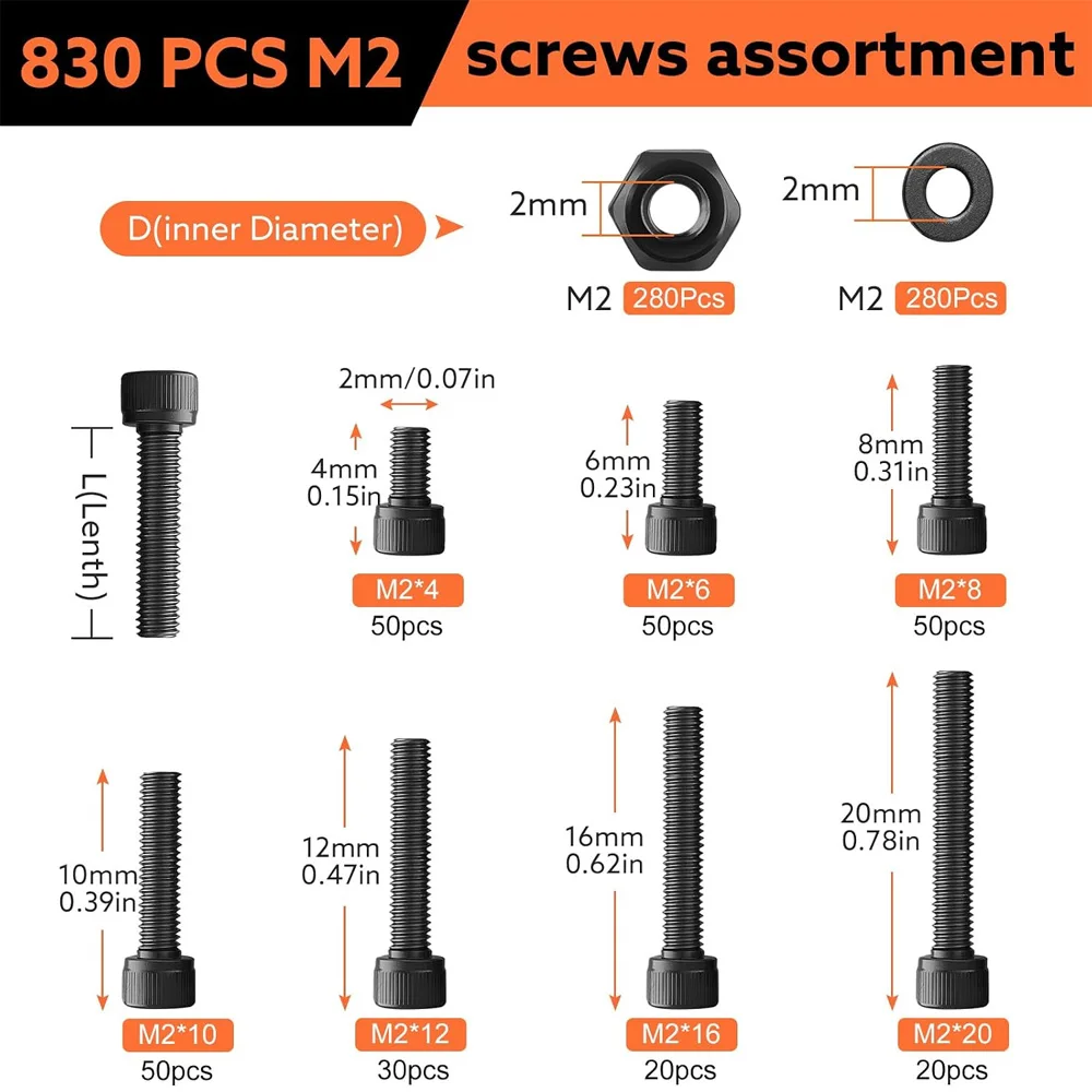 830PCS M2 Socket Head Cap Screws Set, 12.9 Grade Alloy Steel Metric Hex Bolts Nuts and Washers Assortment Kit with Wrench for 3D