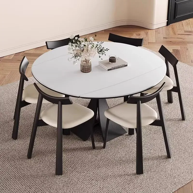 French Style Folding Dining Table For Home Modern Minimalist Wooden Dining Table With Stone Top High End Round Dining Table