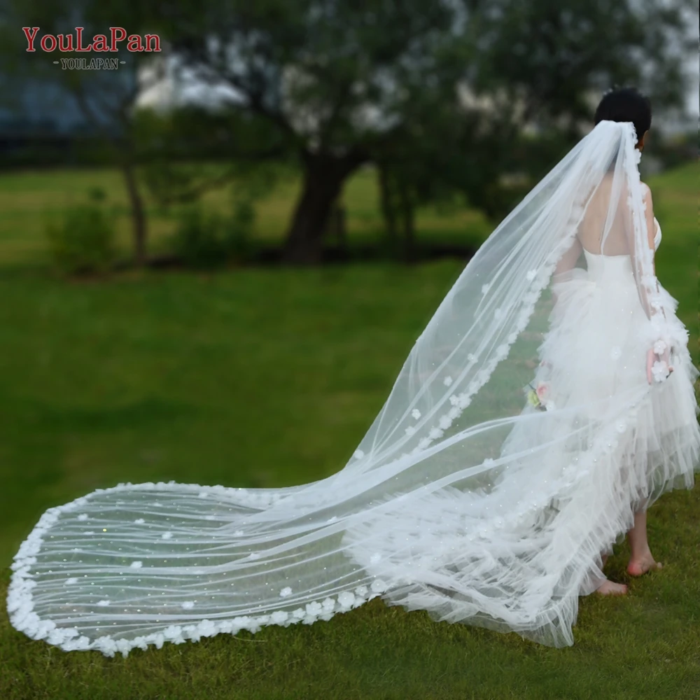 YouLaPan v213 Bridal Head with Veil Floral Bridal Veil Luxury 3m Cathedral Wedding Veil Sparkling Bridal Rhinestone Soft Veil