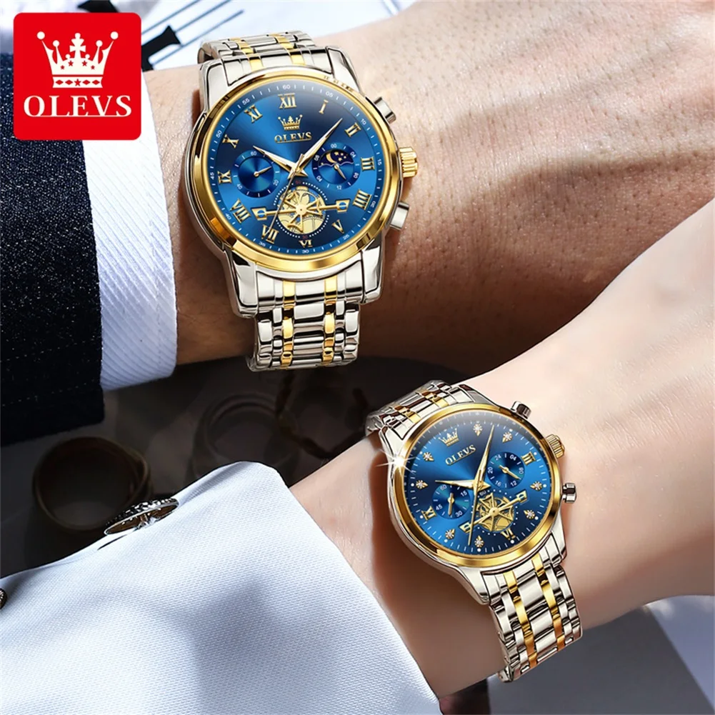 OLEVS coppia orologi per uomo donna acciaio inossidabile scava fuori orologio al quarzo impermeabile fasi lunari amanti della moda Set marchio di lusso