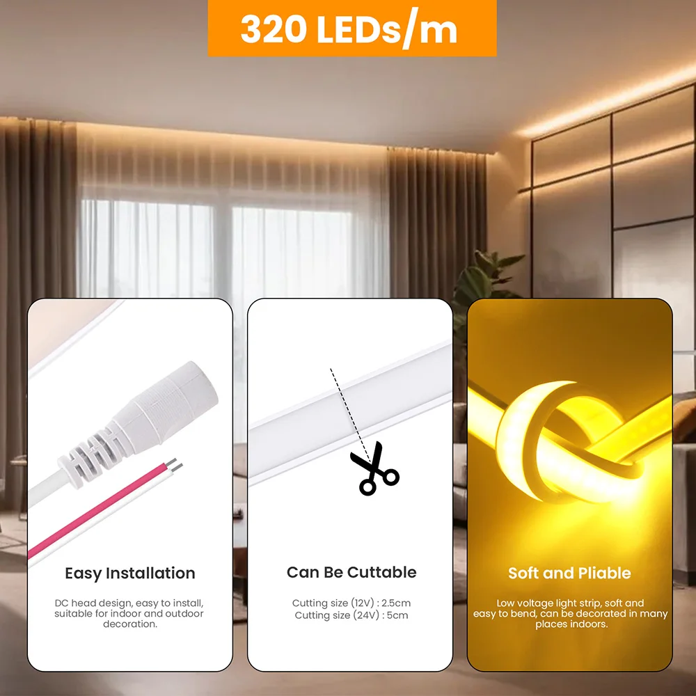 Imagem -05 - Cob Led Strip Neon Light Regulável 320led por m Flexível Luzes Corda de Silicone Iluminação Linear dc 12v 24v 1m 2m 5m 10m 15m 20m 50cm