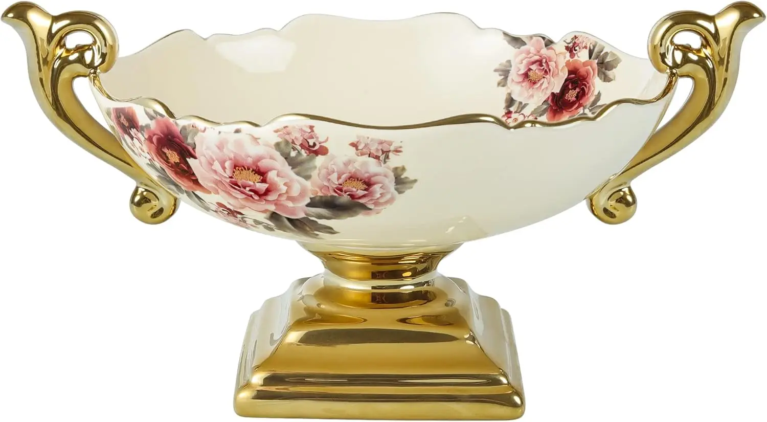 

Wavy Floral Fruit Bowl with Gold Holder, Snack Tray for Dining Table Decor, 30oz Porcelain