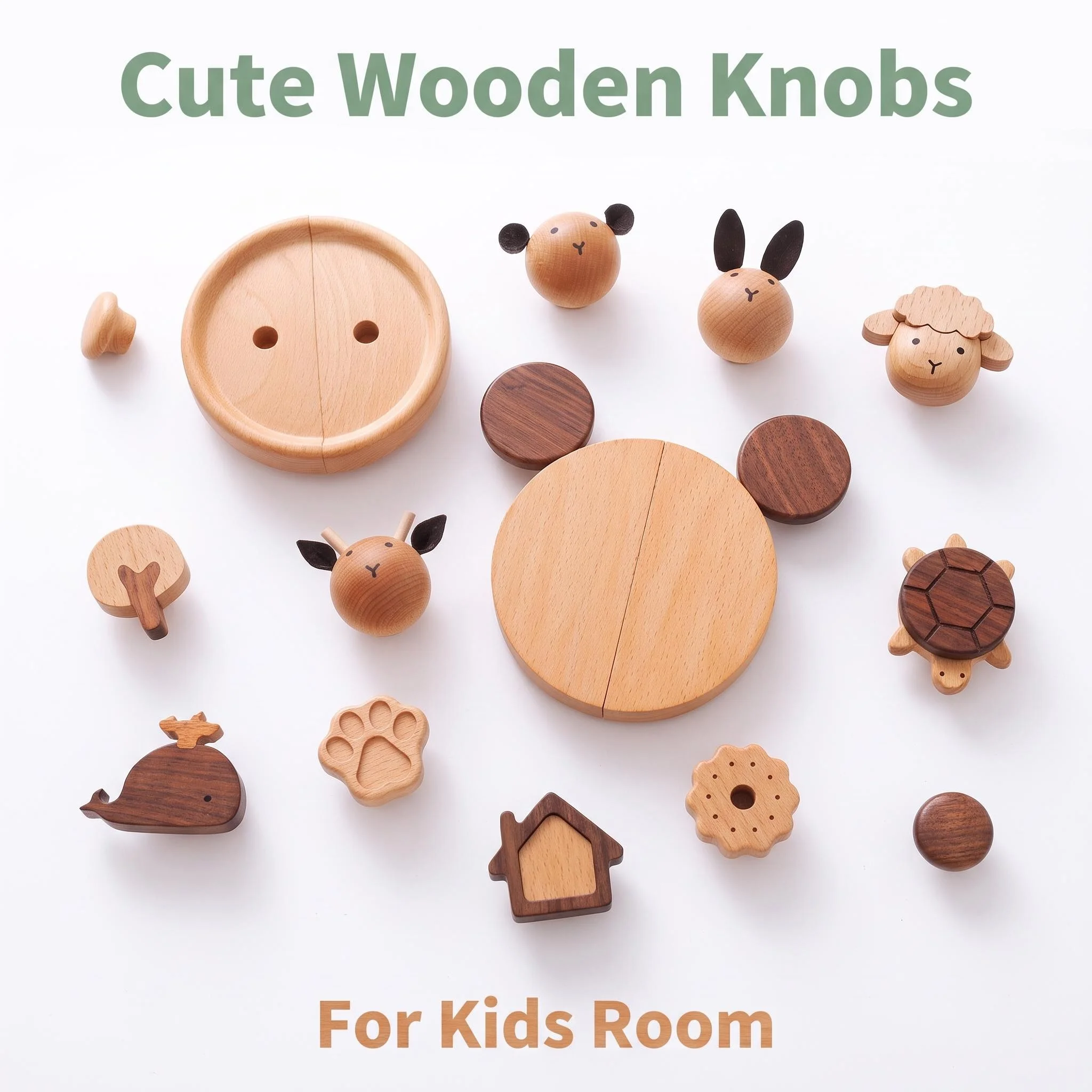 Natural Solid Wood Cartoon Cabinet Knobs, Cute Bear Rabbit Drawer Handles for Kids Room Wardrobe Dresser Decor