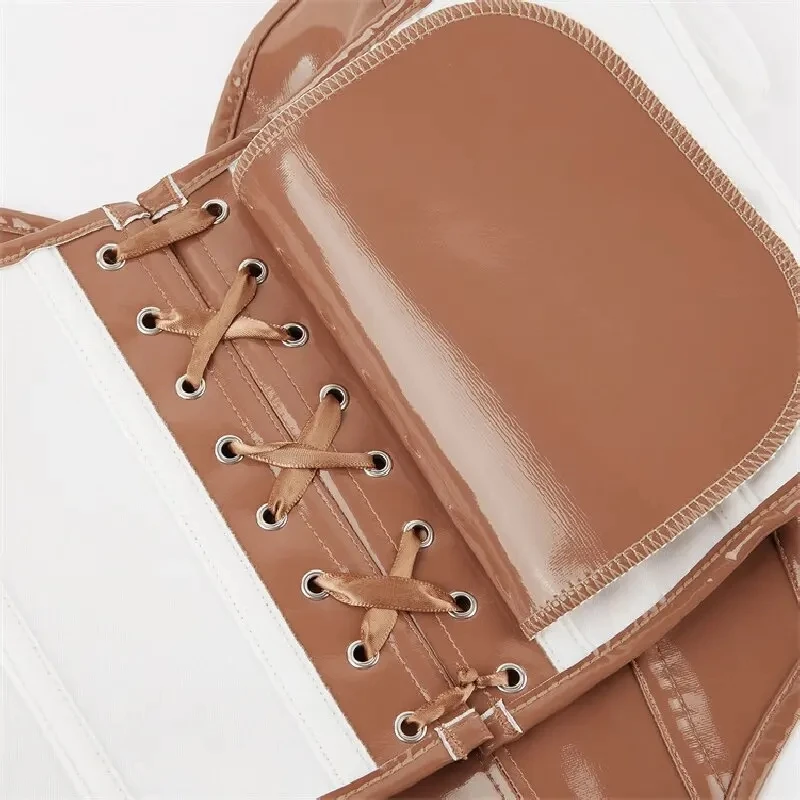 Brown Solid Shiny PVC Corset Crop Top Body Shaper Women Strapless Lace Up Gothic Bustiers Female Push Up Corselet Tube Top Vest
