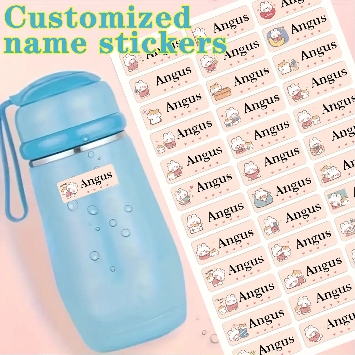 Customized name stickers-T1-personalized rabbit pattern waterproof label stickers,kindergarten stationery water cup labels