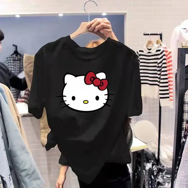 

(Miniso）Hello Kitty T-shirt 100%Cotton Printed Cartoon Girl Summer Student Loose Casual Short-sleeved Woman Men Clothing Tshirt