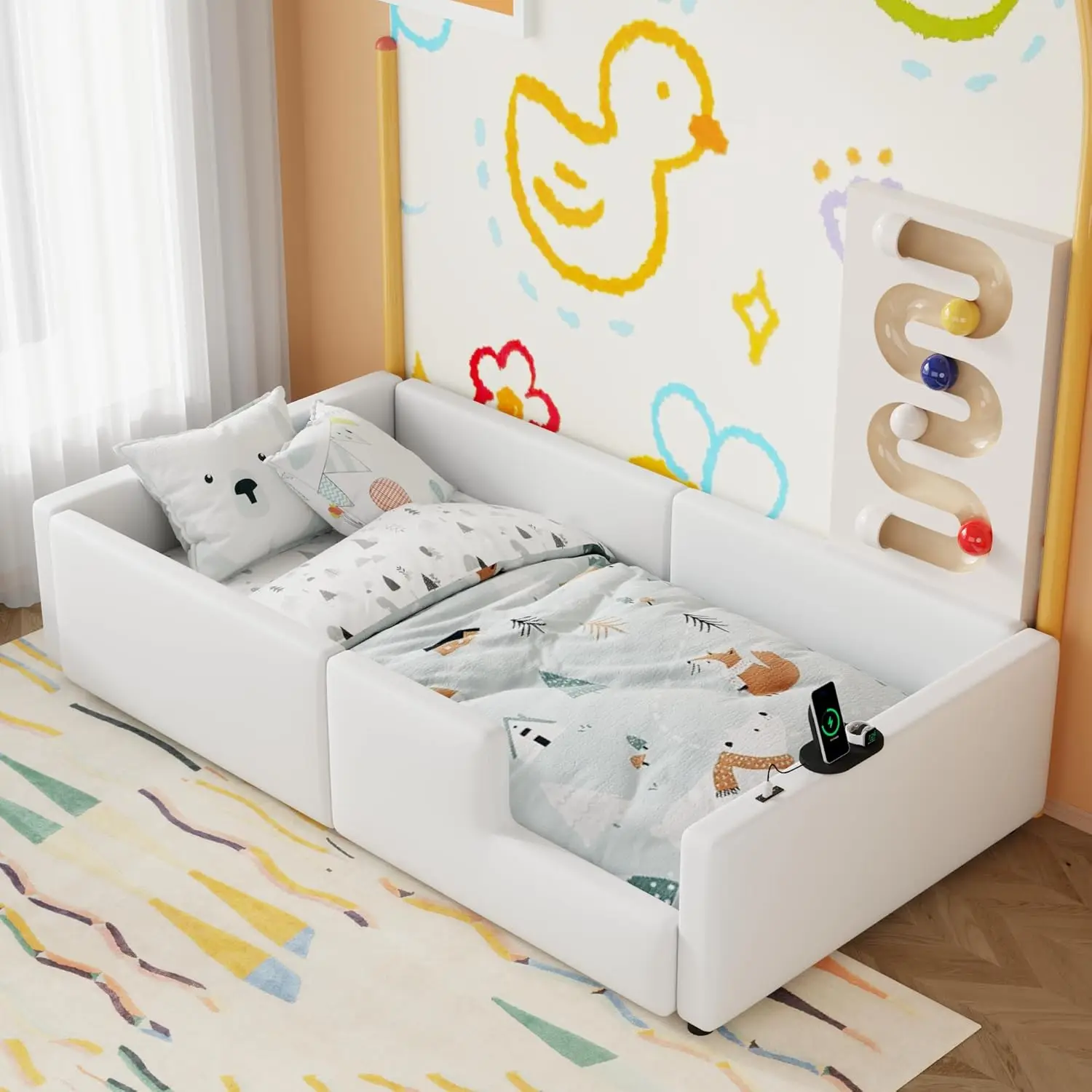 Merax-cama de piso para niños de tamaño doble con barandilla y estación de carga, marco de cama de día tapizado de cuero Pu para dormitorio, niños