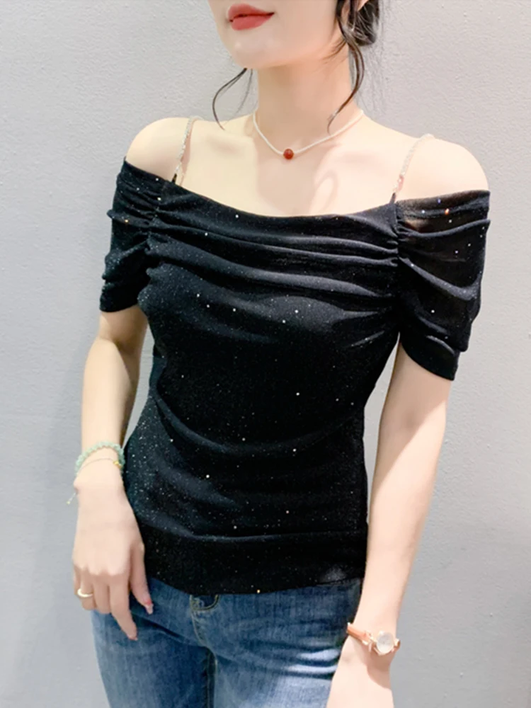 #8201 Black Pink Green Off Shoulder T Shirt Women Sexy Skinny Short Party Mesh T Shirt Femme Short Sleeve Folds Tee Shirt Summer