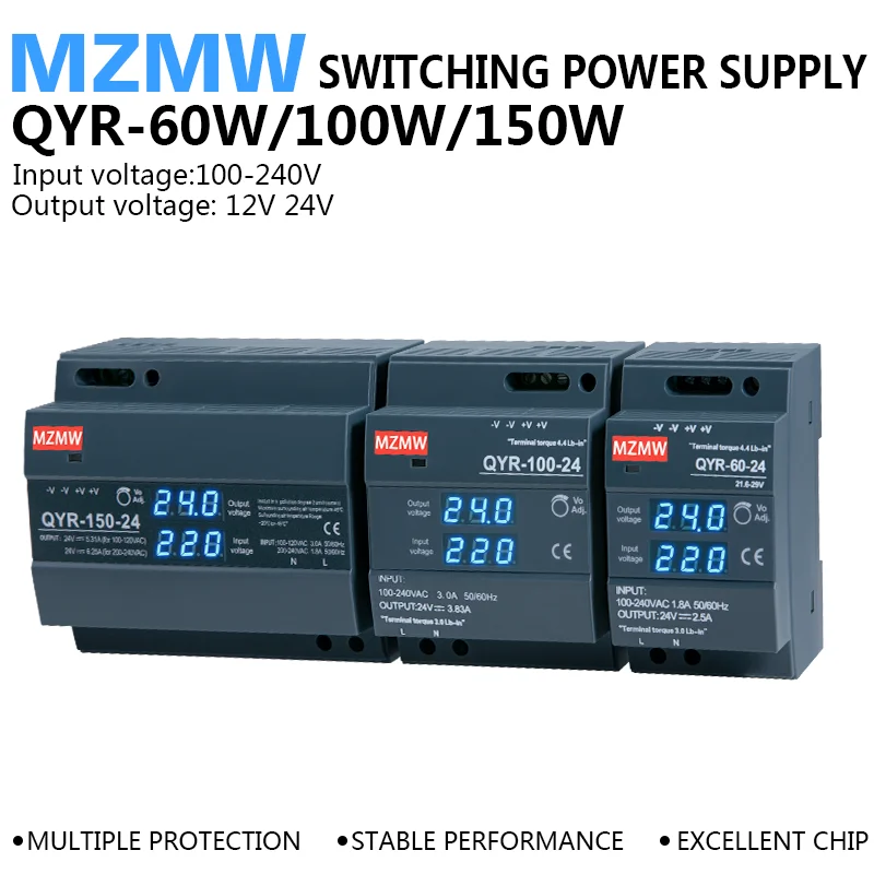 QYR-60W 100W 150W Zasilacz impulsowy na szynę DIN AC-DC 12V 24V z wyświetlaczem cyfrowym w kształcie stopnia przemysłowego do listew oświetleniowych LED