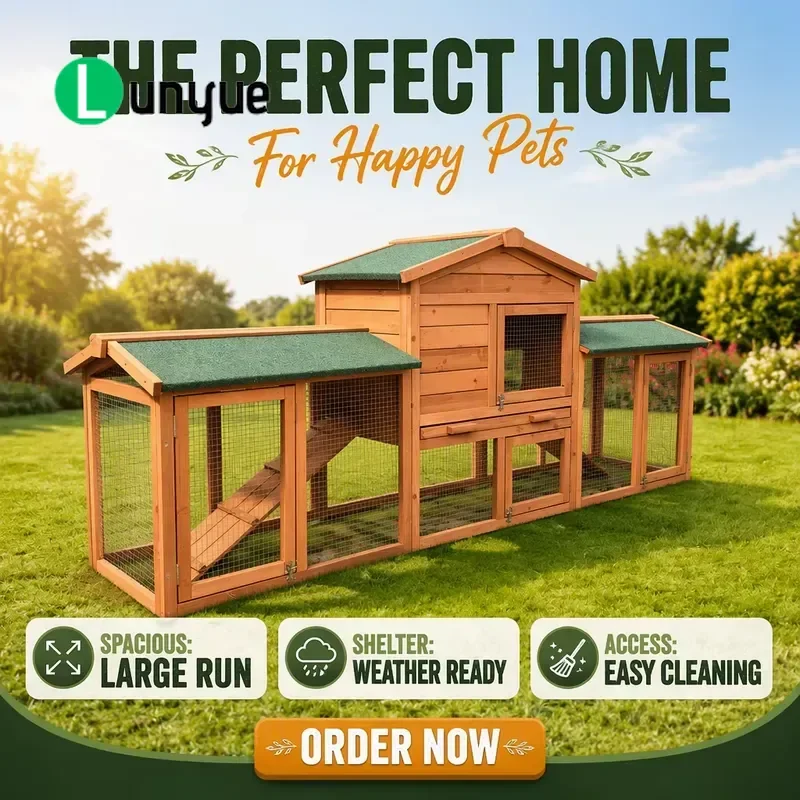 Double Layer Wooden Rabbit House Modern Printed Pet Cage Waterproof Asphalt Roof Cold Proof Multi Functional Indoor Outdoor