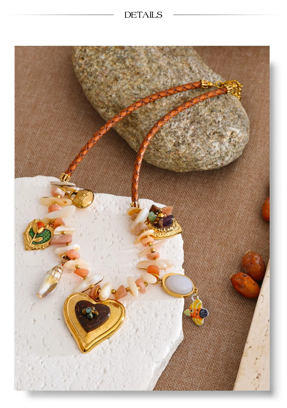Yhpup Neuheiten Handgefertigter Schmuck Edelstahl Muschelkette Herz Blume Anhänger Statement-Halskette Accessoires – Detail 9
