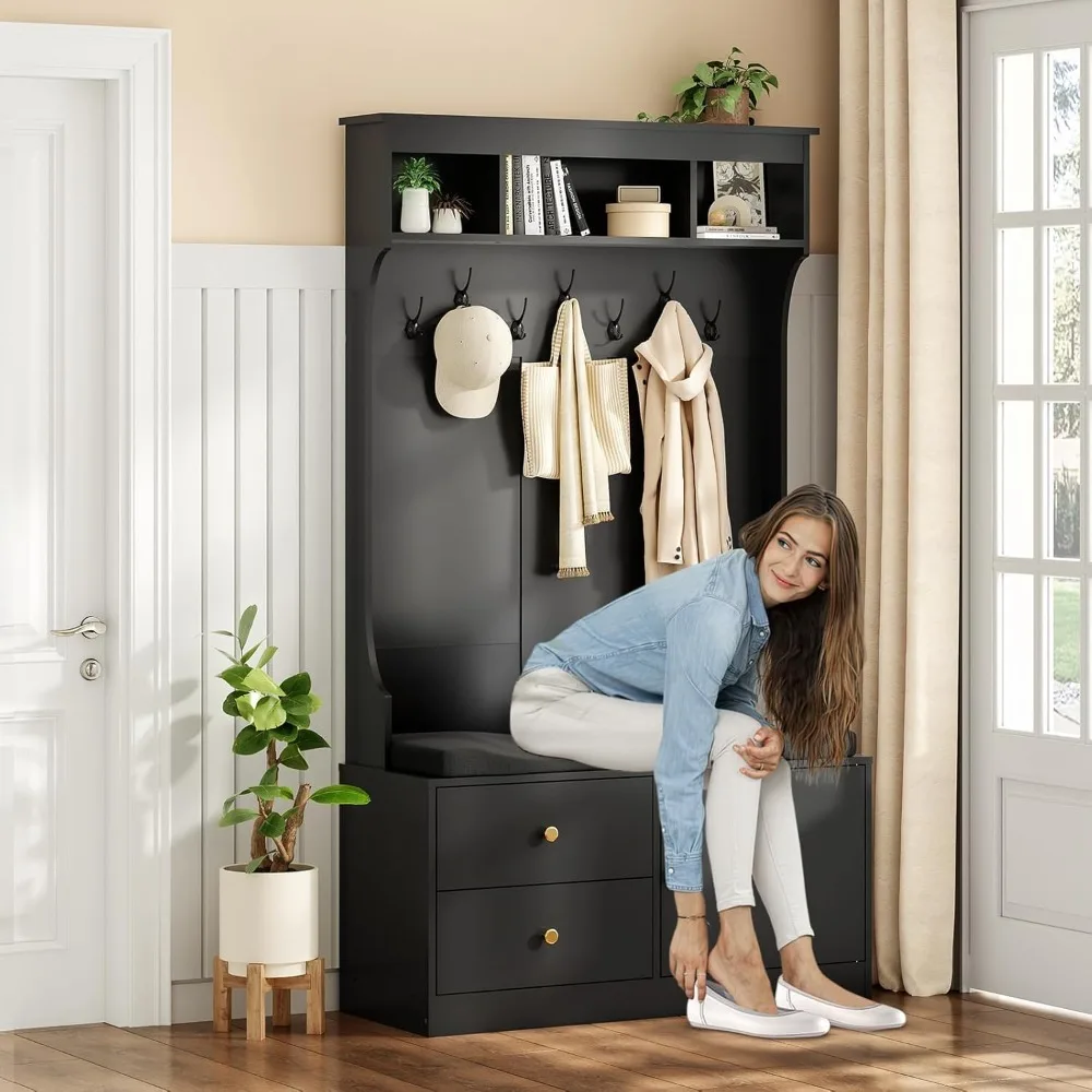 

Hall Tree with Storage 70.9 Inch Height, Coat Rack with 7 Hooks & Shoe Cabinet with Doors, 6-in-1 Farmhouse Hall Tree Anti-toppl
