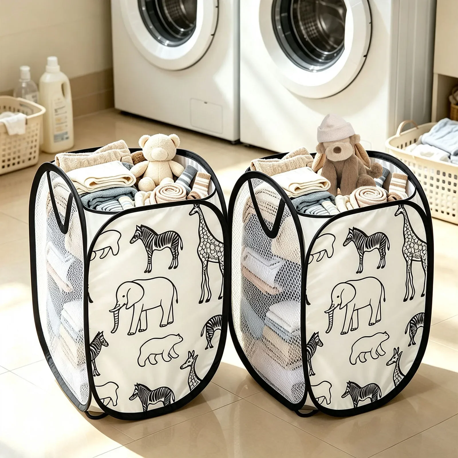 2Pcs Large Laundry Basket Collapsible Mesh Pop Up Laundry Hamper Side Pocket Breathable Portable Clothes Storage