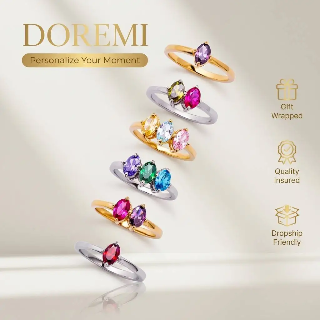 DOREMI Waterproof Tarnish Free Stainless Steel Custom Marquise Birthstone Ring Toi et Moi Family Personalized Jewelry Gift Ring
