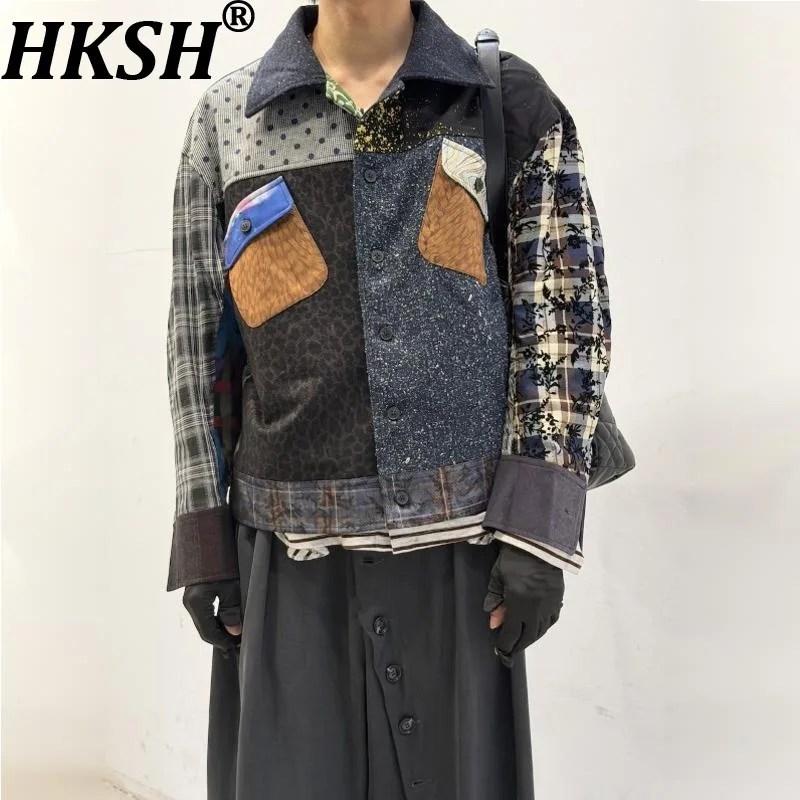 HKSH Spring Autumn New Men Tide Dark Punk Retro Patchwork Turn-down Collar Jacket High Street Color-Contrast Pocket Coat HK27471