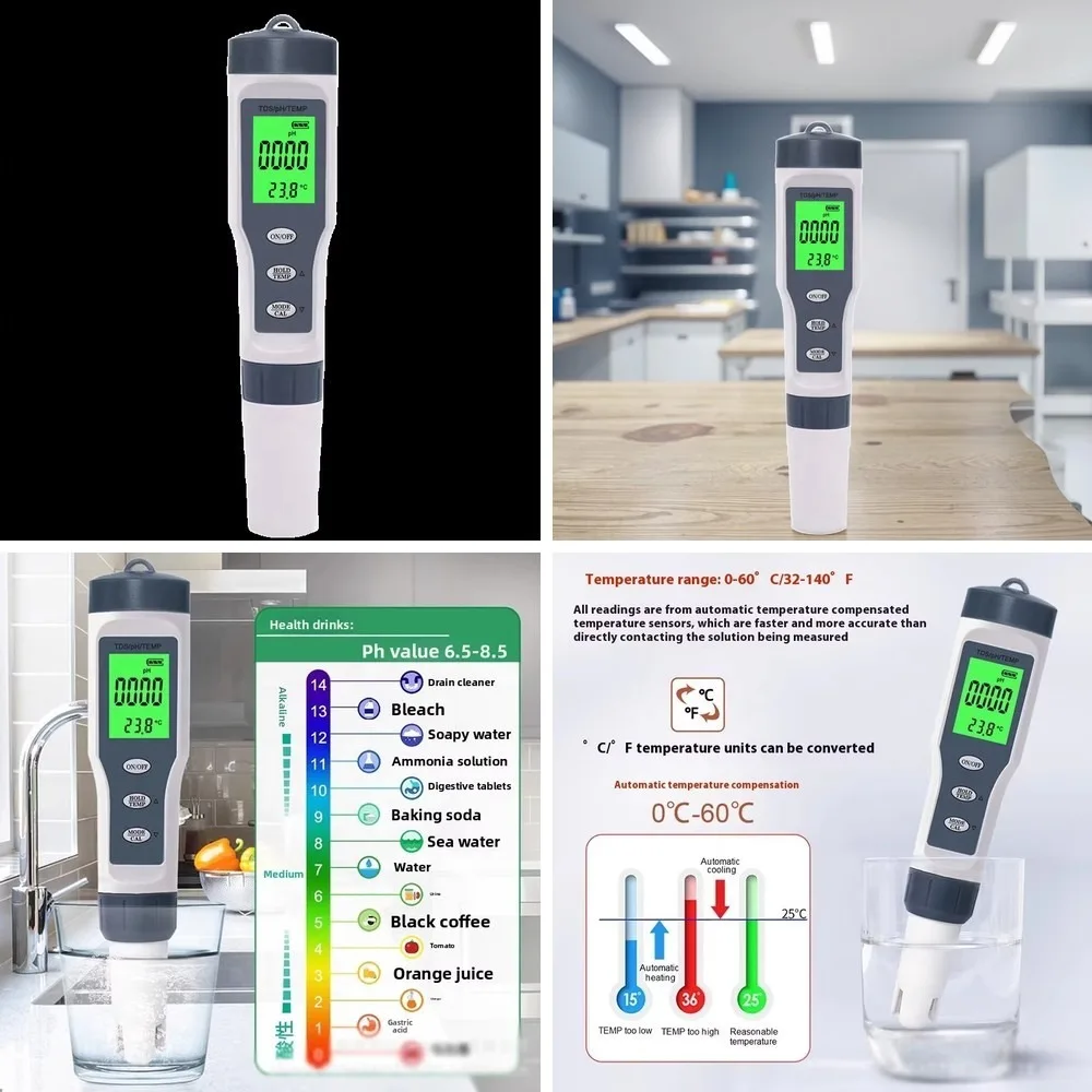 3-in-1 PH TDS Temp Meter Water Quality Tester, 0.1 PH Accuracy, Plastic Body for Industrial Wastewater Treatment