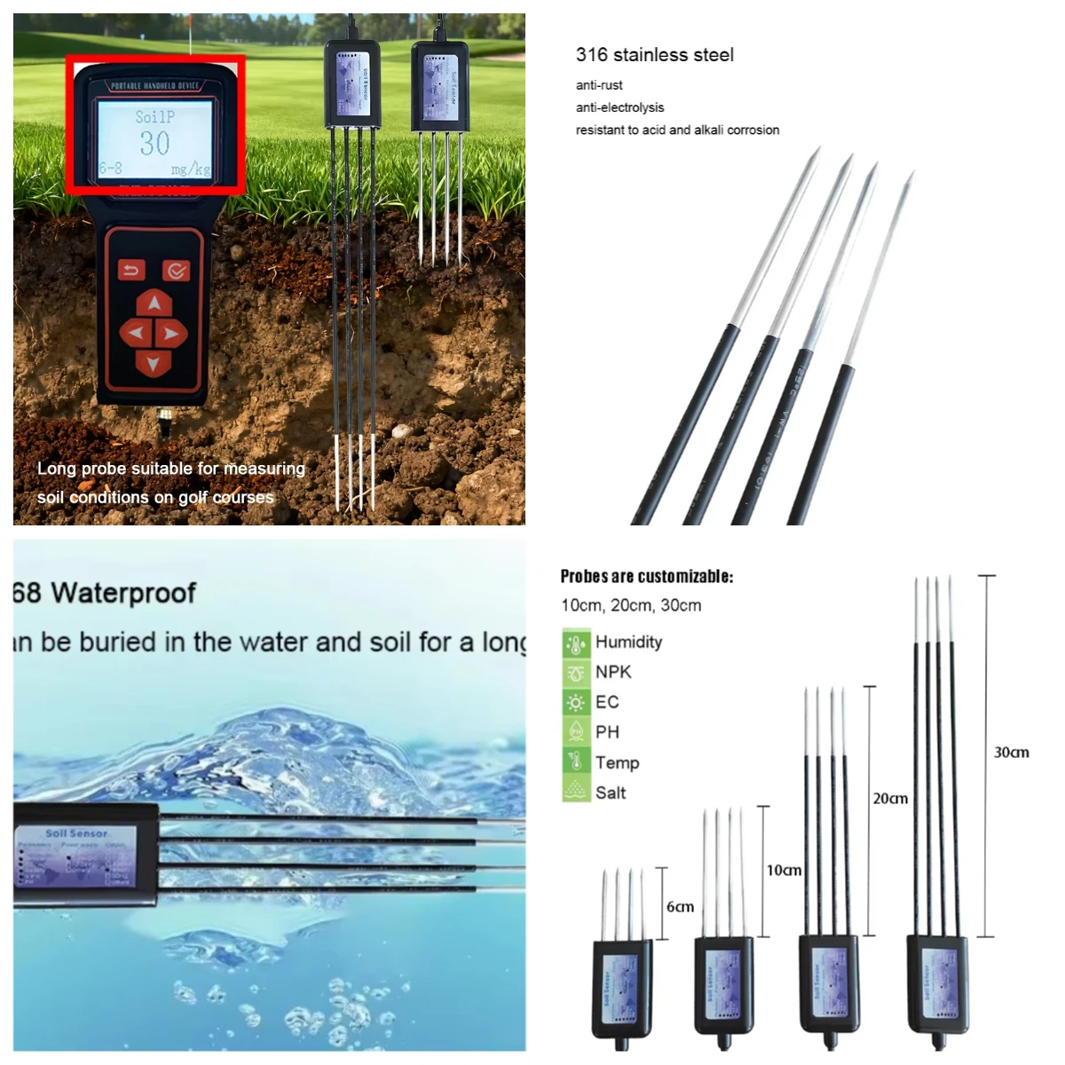 30CM PROBE SOIL MOISTURE TEMPERATURE HUMIDITY EC PH NPK SENSOR 8 in 1 RAPID SOIL TESTER METER