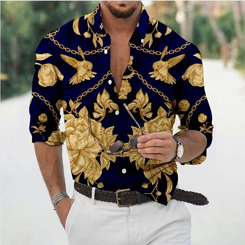 New Luxury Style Print Men\'s Turn-down Collar Button Shirt Casual Long Sleeve Shirt Fashion Streetwear Trend Tops Men Clothing