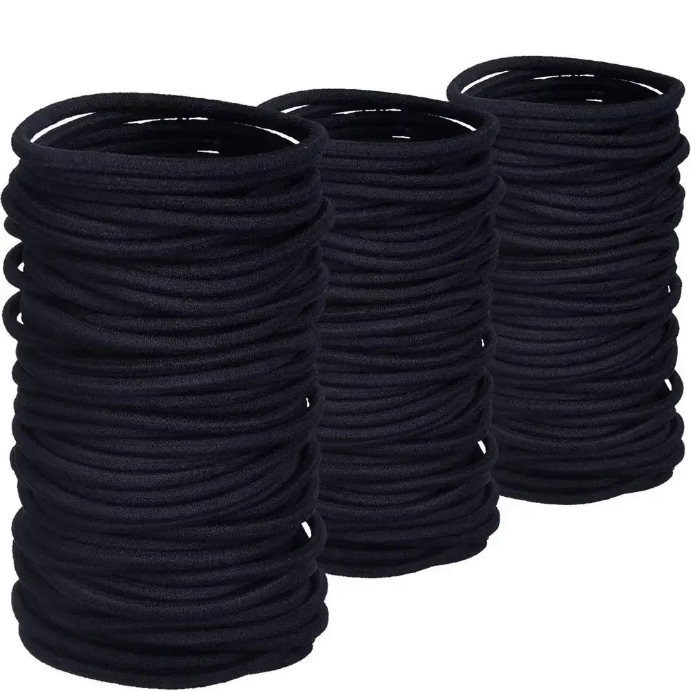 50 Pack Thick Heavy No-metal Elastic Hair Ties Black Rubber Ponytail Holders Hair Bands-3mm 4mm 6mm