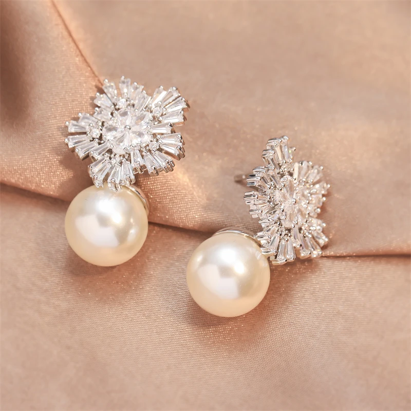 FEEHOW 2Pcs White Imitation Pearl Stud Earrings For Women Temperament Romantic Metal Earring wedding Party Accessories