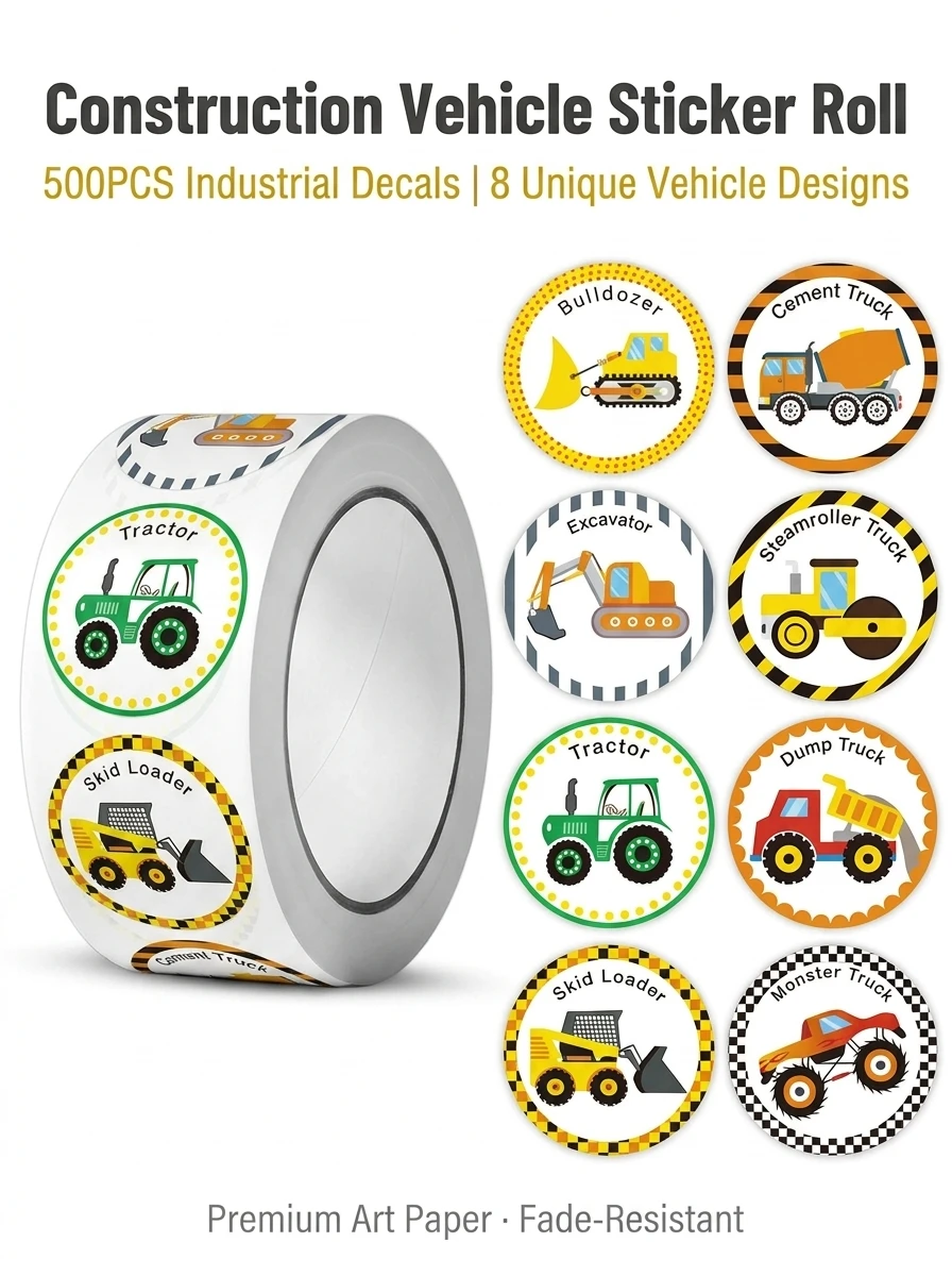 1Roll(500Pcs) Various Cartoon Engineering vehicle Stickers 1 Designs Decals Teacher Reward Labels School Supplies Gift Package