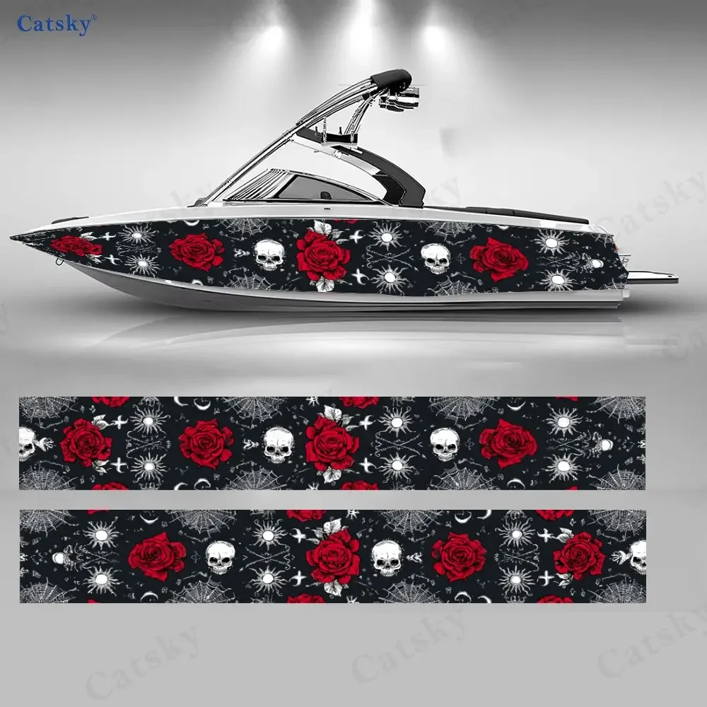 2Pcs Gothic Red Rose & Skull Boat Stickers, PVC Waterproof Vinyl Wrap Decals for Fishing Boats, Durable and Stylish Design