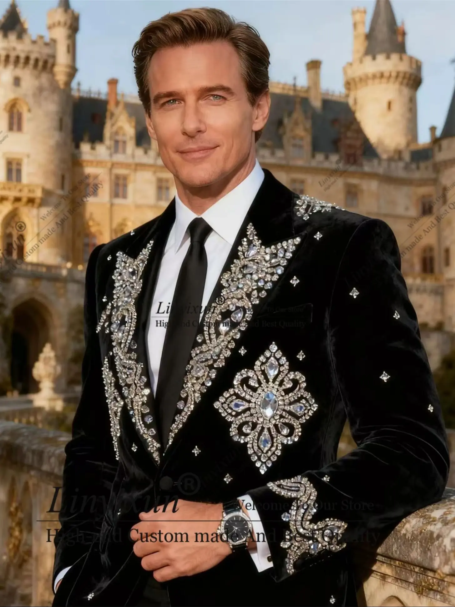 

Мужской костюм с блестящими бриллиантами и лацканами, комплекты из 2 предметов, мужские пиджаки для жениха, свадебные смокинги по индивидуальному заказу, роскошный бриллиантовый орнамент, Ropa hombre